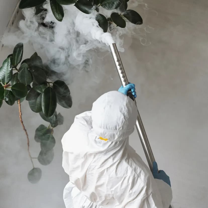 Technicien anti-nuisibles en tenue de protection réalisant une fumigation