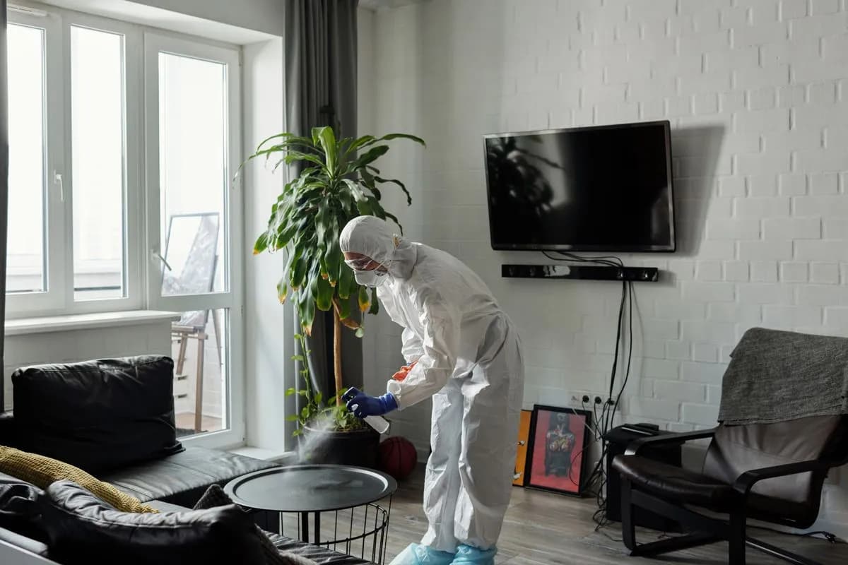 Désinfection d'un intérieur résidentiel par un technicien en équipement de protection