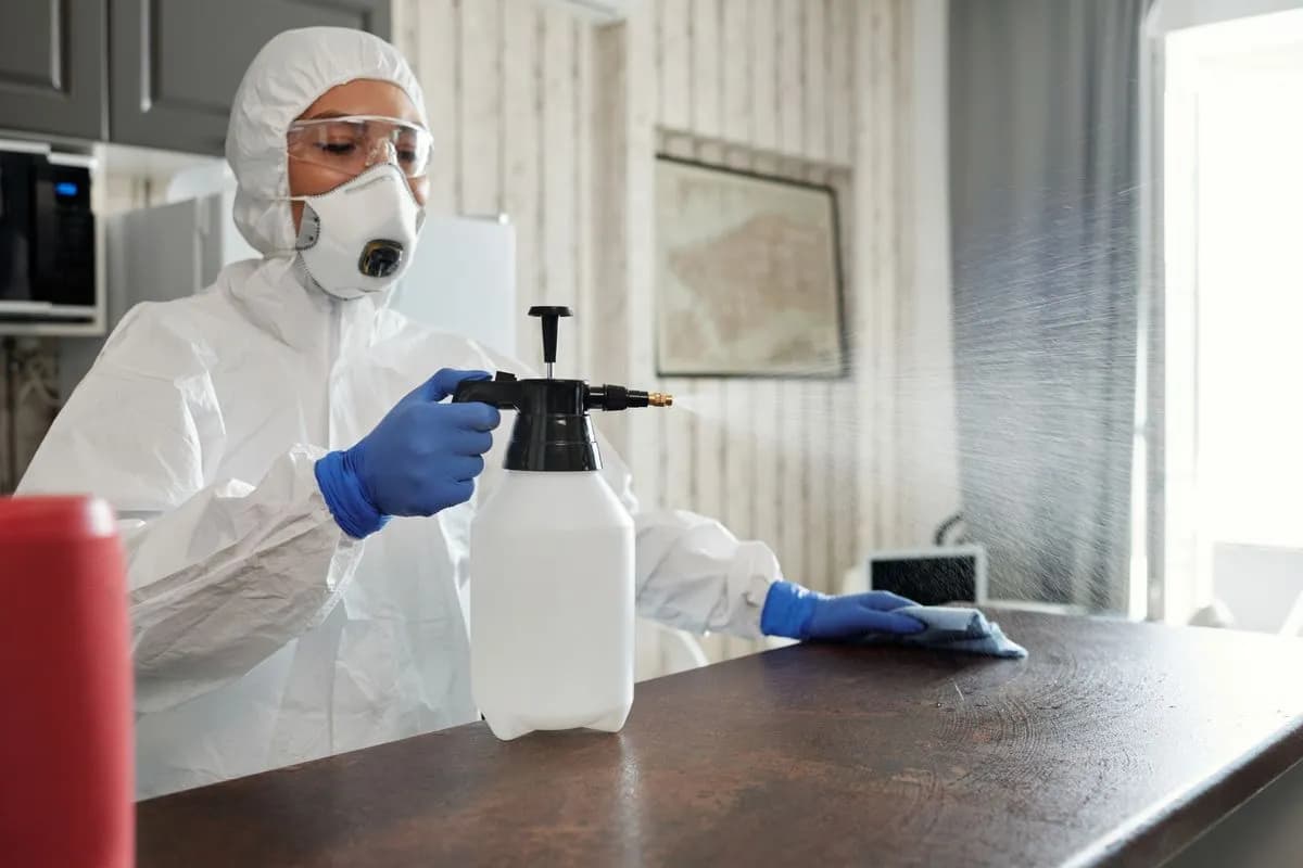 Désinfection de surfaces en milieu médical par un technicien en équipement de protection