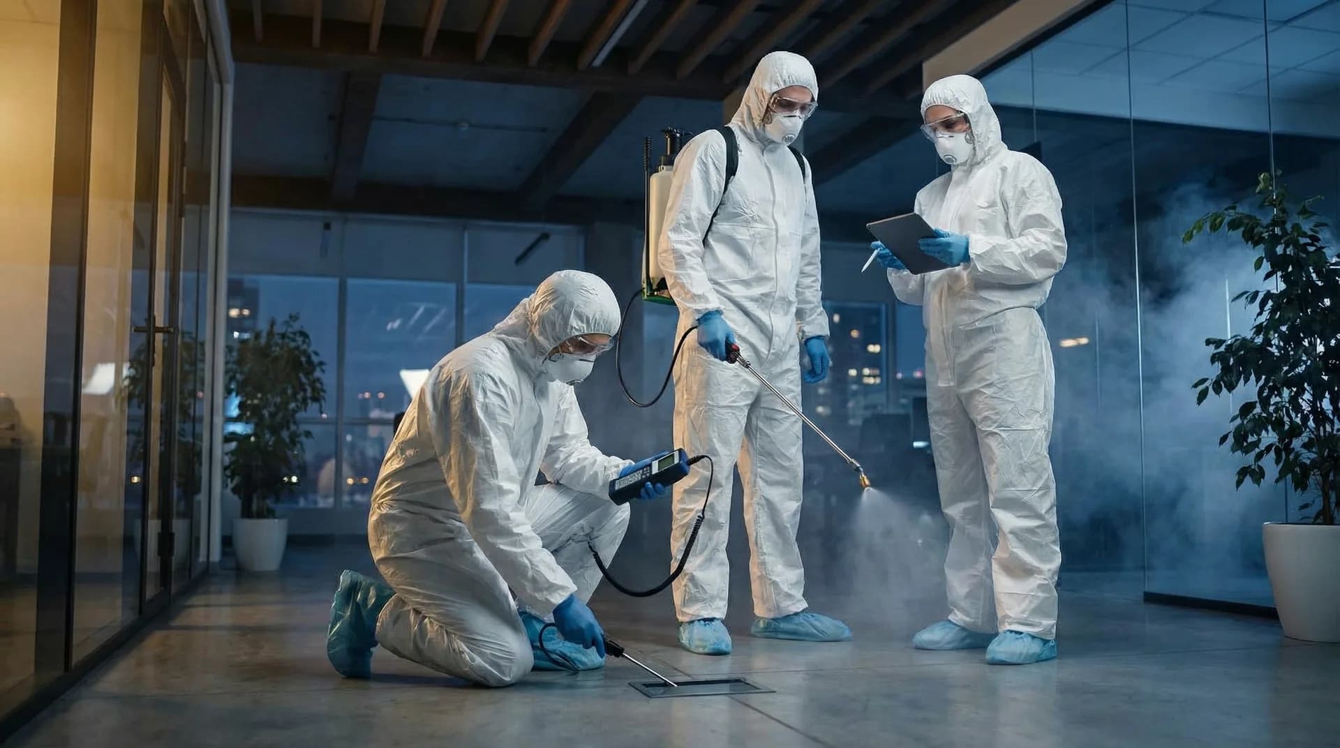 Équipe Dératiseurs Éco en intervention — techniciens en combinaison HAZMAT, désinsectisation et désinfection professionnelle